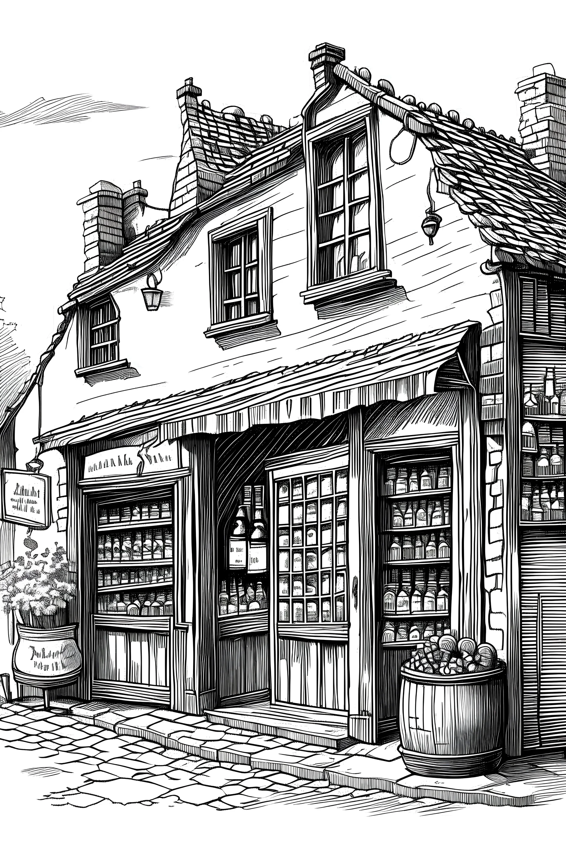 black and white drawing of an old wineshop