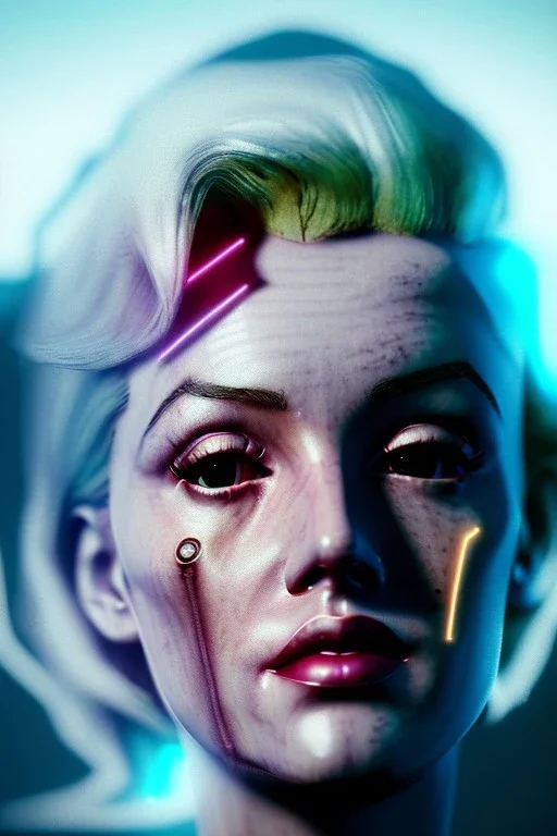 Ultra Realistic image, portrait, blonde woman, sweet Marylin Monroe face, perfect iris, glow eyes, glow makeup. Cyberpunk style, latex coat, fog, rain, soft color, highly detailed, unreal engine 5, ray tracing, RTX, lumen lighting, ultra detail, volumetric lighting, 3d, finely drawn, high definition, high resolution.