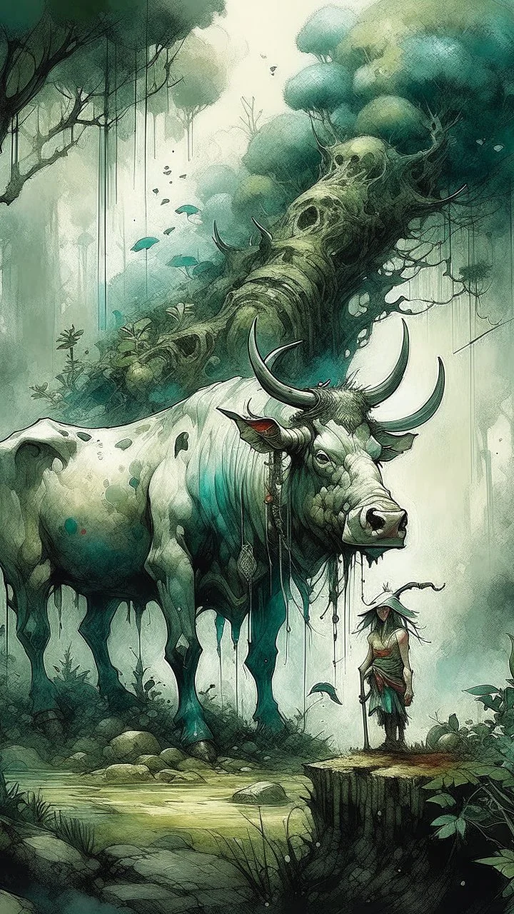 A bull or a horse with a wooden totem with spikes on it, in the middle of the forest. Opposite is a tree with a green-skinned man on it., by Ryohei Hase, Agnes Cecile, Raymond Swanland, Anne Bachelier