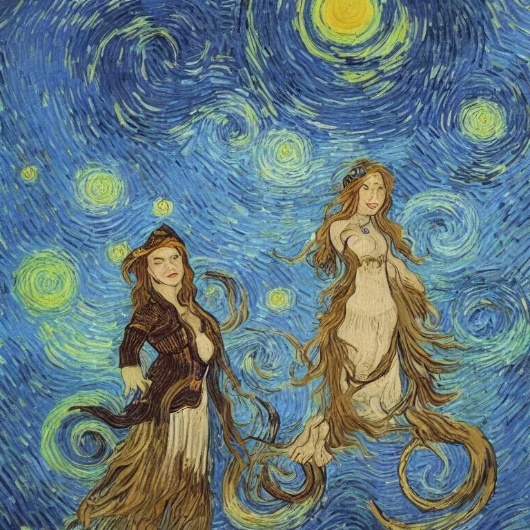 A smiling witch with a beautiful face and full and detailed details performing magic of water, fire, wind and earth with a wooden and crystal wand shining in various colors with a background of large and beautiful dragons flying in an azure sky with A background of a large snake with many heads, in full detail, Ismailoglu, Van Gogh, post-apocalyptic, fantasy, imaginary, 8k, 16k,