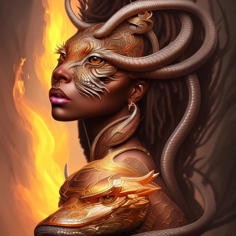 sango fantasy, fantasy magic, intricate, sharp focus, illustration, highly detailed, digital painting, concept art, matte, masterpiece snake head sexy lady body black African beauty tiger wearing African hair one head fire background