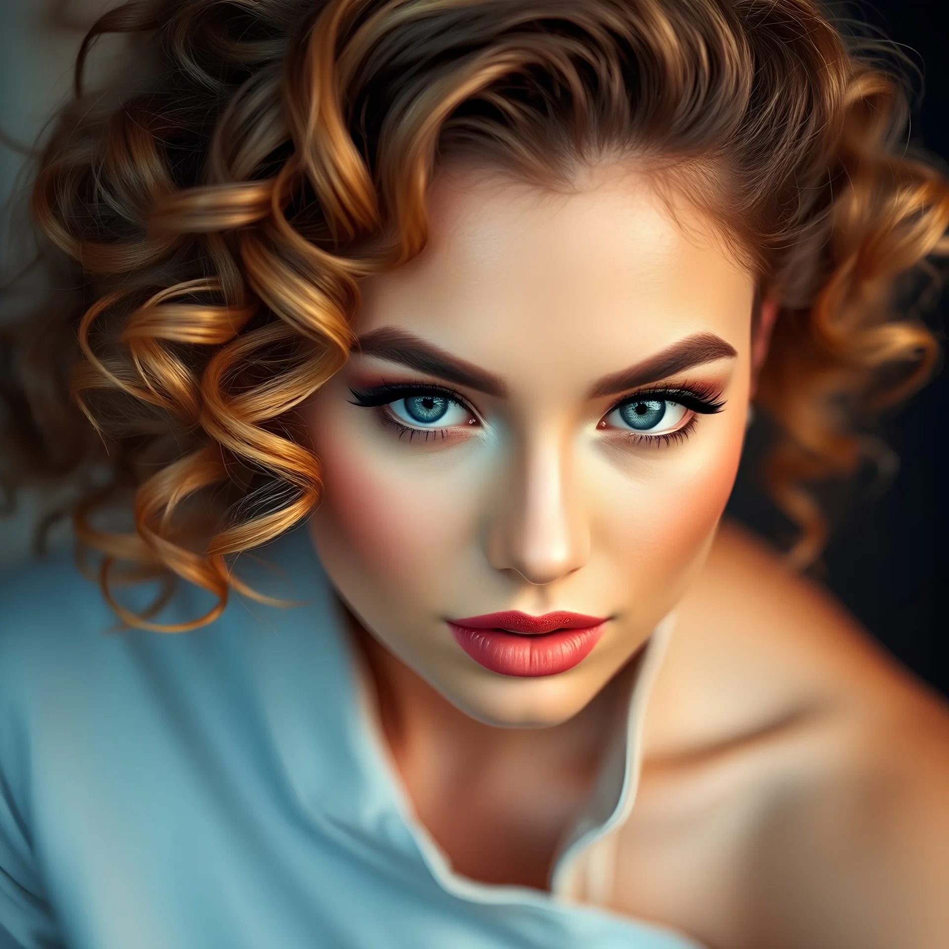 portraite of a beutiful girl wth make up curvy hair