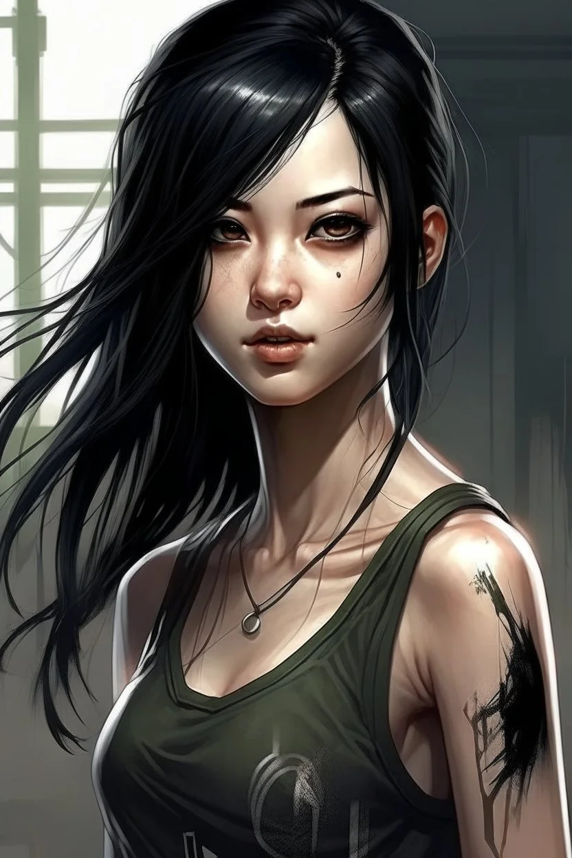 pretty girl, aged 15, black hair, dystopia, athletic