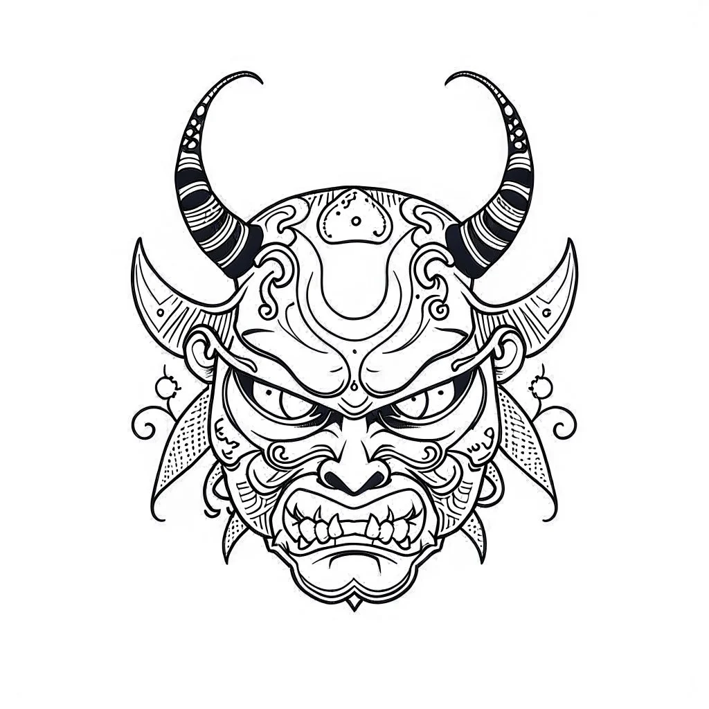 White, minimalis line art , cute oni mask japanes , vector, white background, outline, with images neatly contained within the background, just black and white color, tatto style.