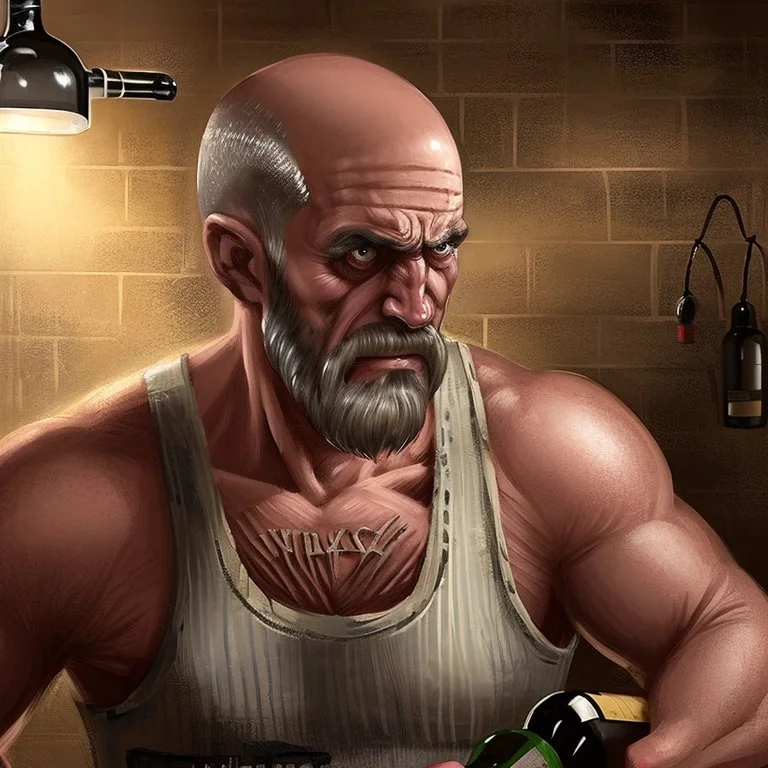 burly ugly 58 year old man bald with short beard and tank top manly chest chooses a bottle of wine in a cellar full of wine bottles dramatic light angry eyes highly detailed