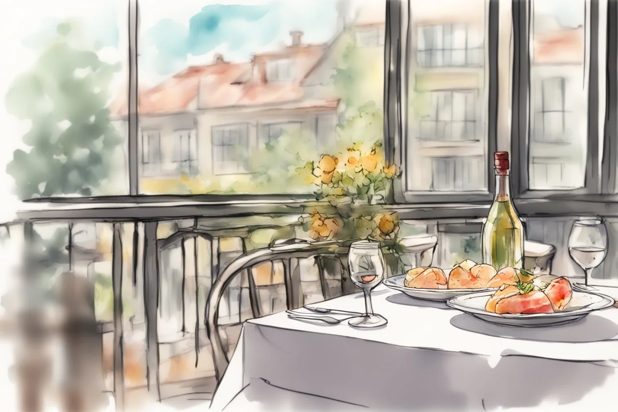 Anime, pixar, cute, table in a nice restaurant next to the window, meal, wine and flower on it, melting watercolor and black ink outlines on wet paper, soft, shading strokes, in sunshine, ethereal, otherwordly, cinematic postprocessing, bokeh, dof