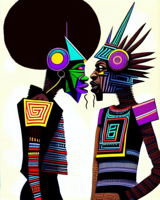 two arafed persons arguing in middle of street, yikes art, afrofuturism, arafed angularity, art cracking the road, angular aztec vibe, whimsical arafed nonsense, patchwork vibe, (((side view))) two arafed cyberlords fighting each other in a rainy whimsical downtown street with extreme body action and with (((exaggerated body parts))), (((oversize head))), sharp color contrasts, amazing shadows, (((exaggerated limbs and head))), minimal cozy, warm palette, bright bold warm summer colors