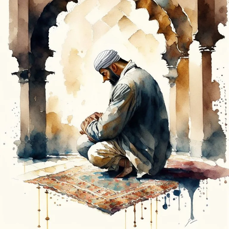 A man is praying namaz with background of islamic pattern, detailed, ultra fine brush use, watercolour painting