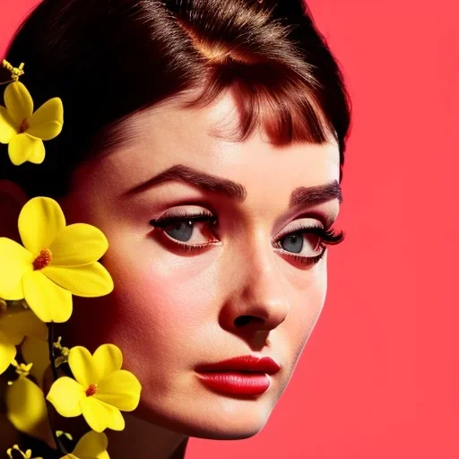 Audrey Hepburn with yellow flowers for hair, face detailed, closed eyes, rtx, reflection, 8k, glow, winning photography, caustics