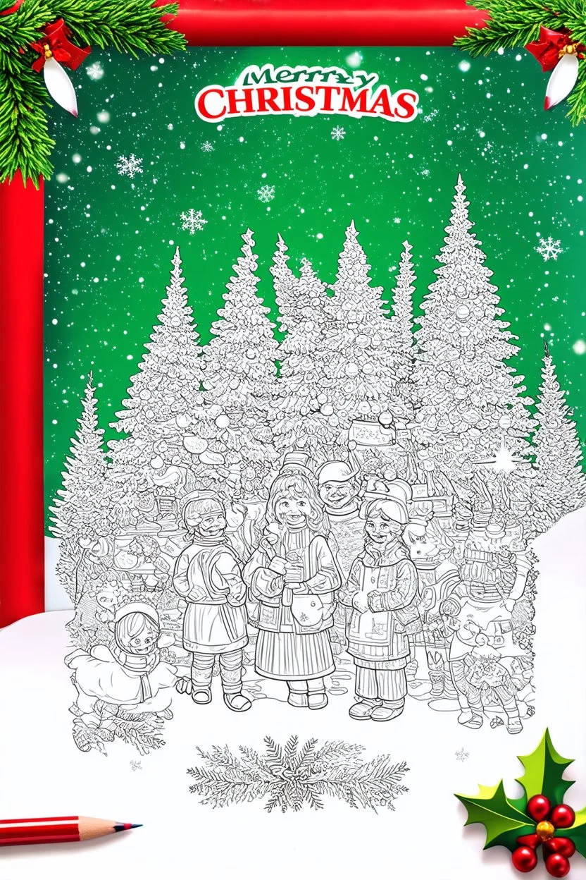 coloring book page of a Christmas drawing, very detailed, A4, geen achtergrond. Geen sfeer.