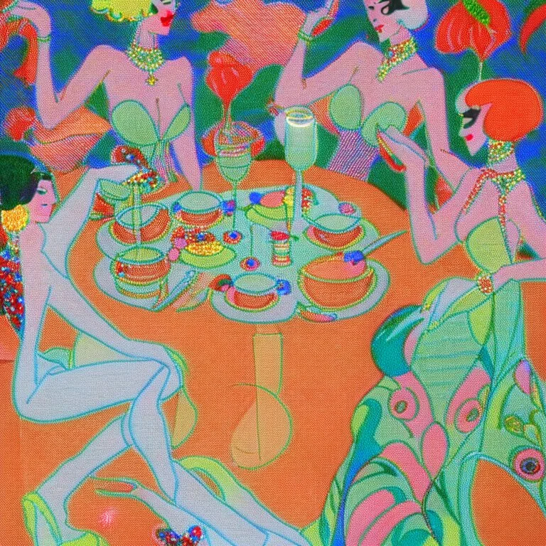 Flamboyant cocktail party by artist "André Lhote",Embossed Embroidery by artist "Osamu Tezuka"