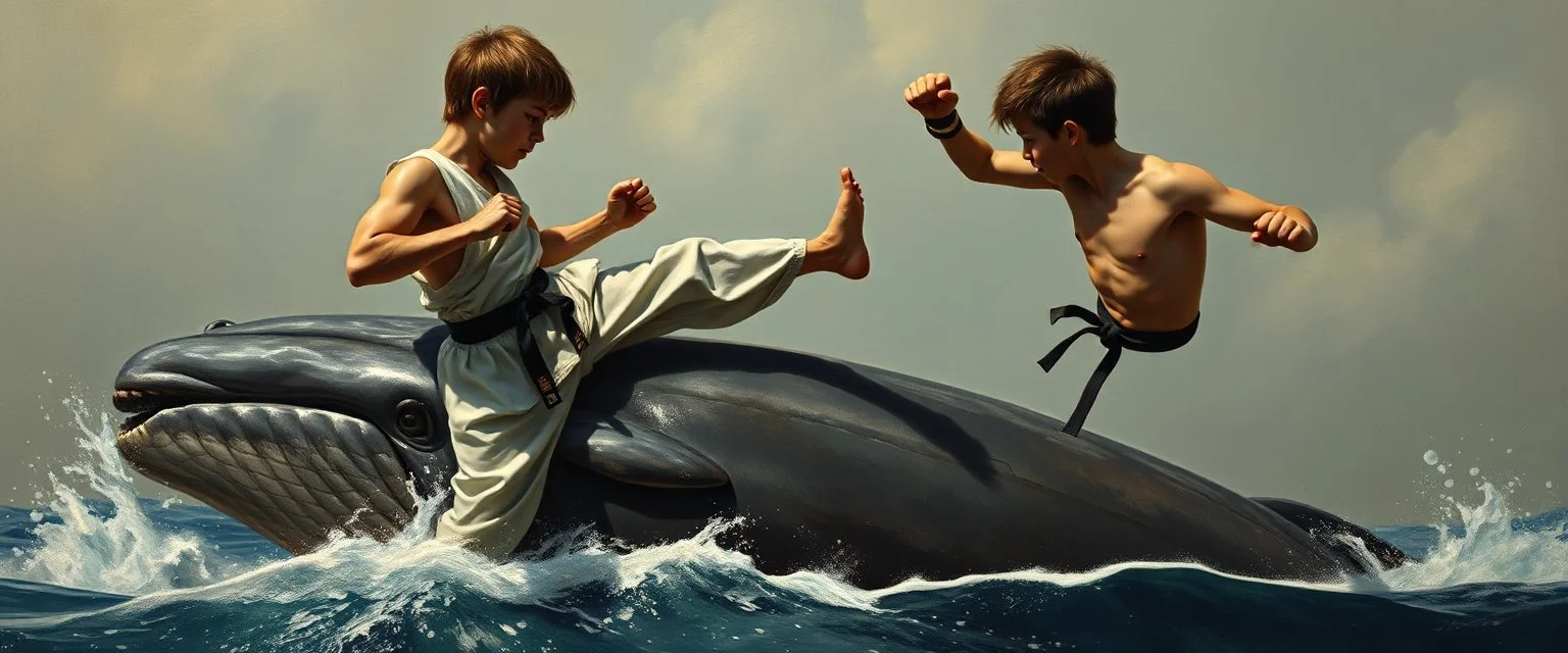 close up on karate kid in kick boxing match on top of whale, painted by rembrandt