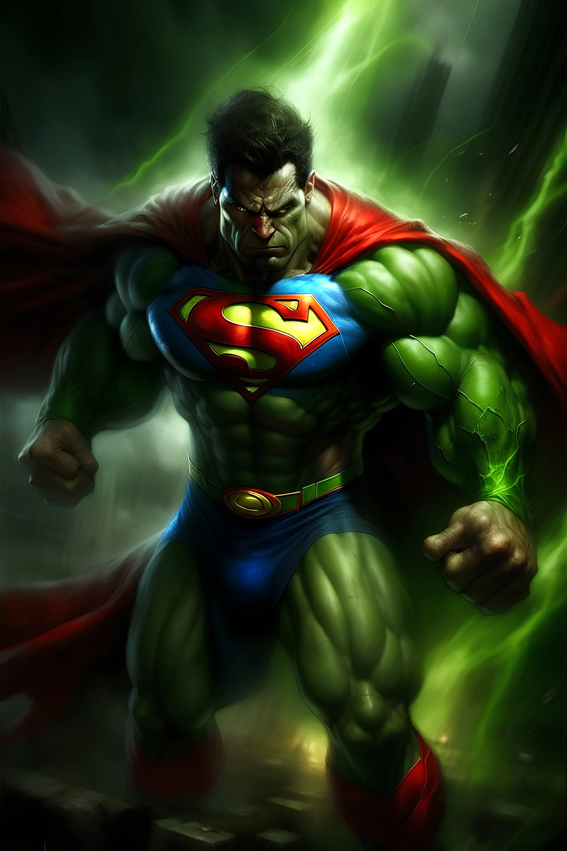 Superman + Hulk Um herói com a força e a resistência do Hulk, mas também com a velocidade e os poderes do Superman. Ele tem a pele verde do Hulk, mas com a capa vermelha e azul do Superman. Seus olhos são vermelhos, como os do Hulk, mas com a visão de calor do Superman. Ele pode voar e disparar raios laser pelos olhos. Ele é um herói poderoso que defende a Terra de qualquer ameaça.
