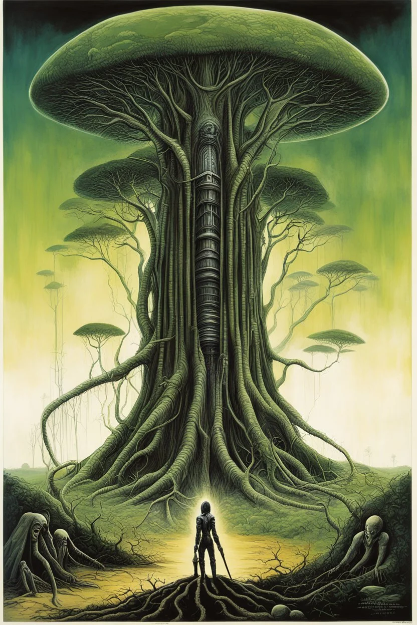 The giant is planting a big green tree, first contact concept art, by Colin McCahon and Jim Burns and Brian Despain, by H.R. Giger, silkscreened mind-bending illustration; sci-fi poster art, asymmetric, futurism