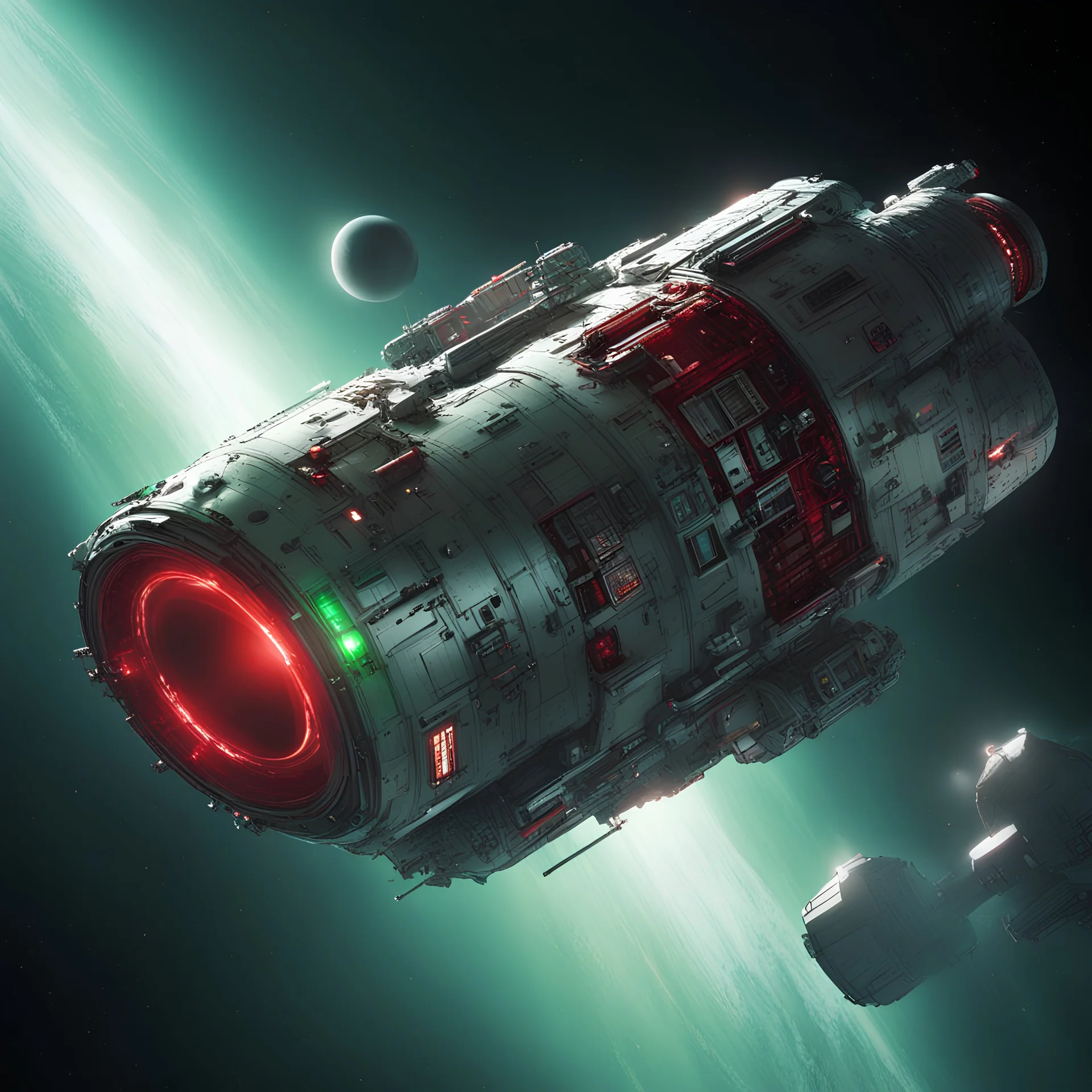 highly detailed city spacecraft in space , one small green running light , one small red running light , luminescent , 35 mm focal length