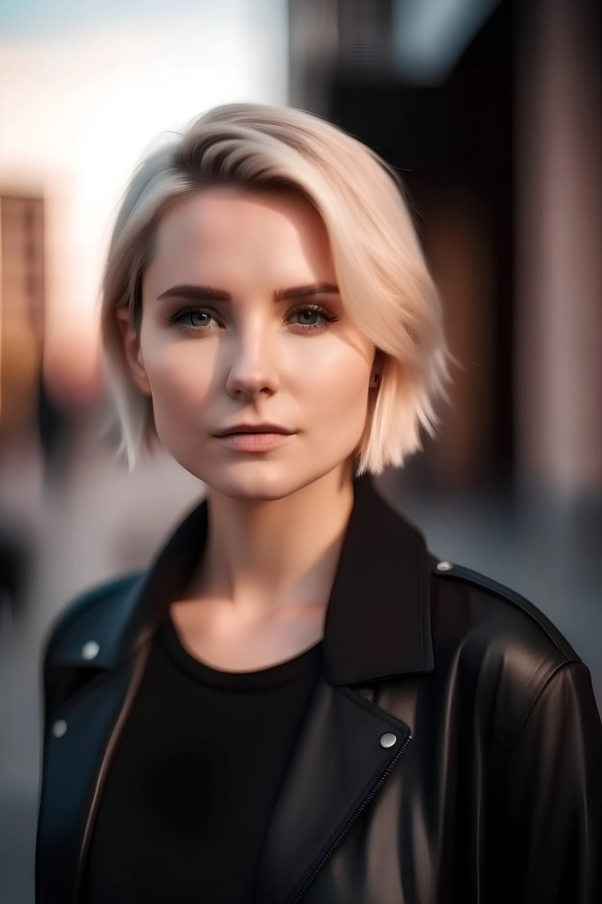 short and blond hair beautiful woman, 30+ years-old, who works in hight fashion, light pink background and serious vibe, for movie poster, black clothes, evening city view background, very cinematic,