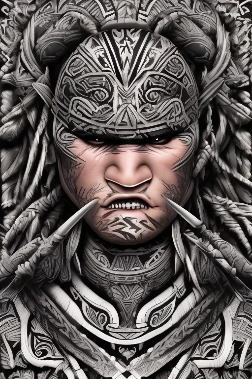  Portrait Maori Chief iron maiden Maori tribal tattoos, bow with arrows, full detail, 5000k, style of Mad Magazine