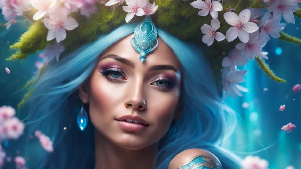 Close-up portrait of a gorgeous smiling skinny polynesian goddess with a golden dark shining skin, long smooth clear turquoise blue white hair, blue eyes, in a sci-fi outfit with luminous strikes blowing a kiss in a hill of flowers with sakura trees, a small torrent, loads of mini flowers, moss, sun rays through the branches, particles in the air at spring