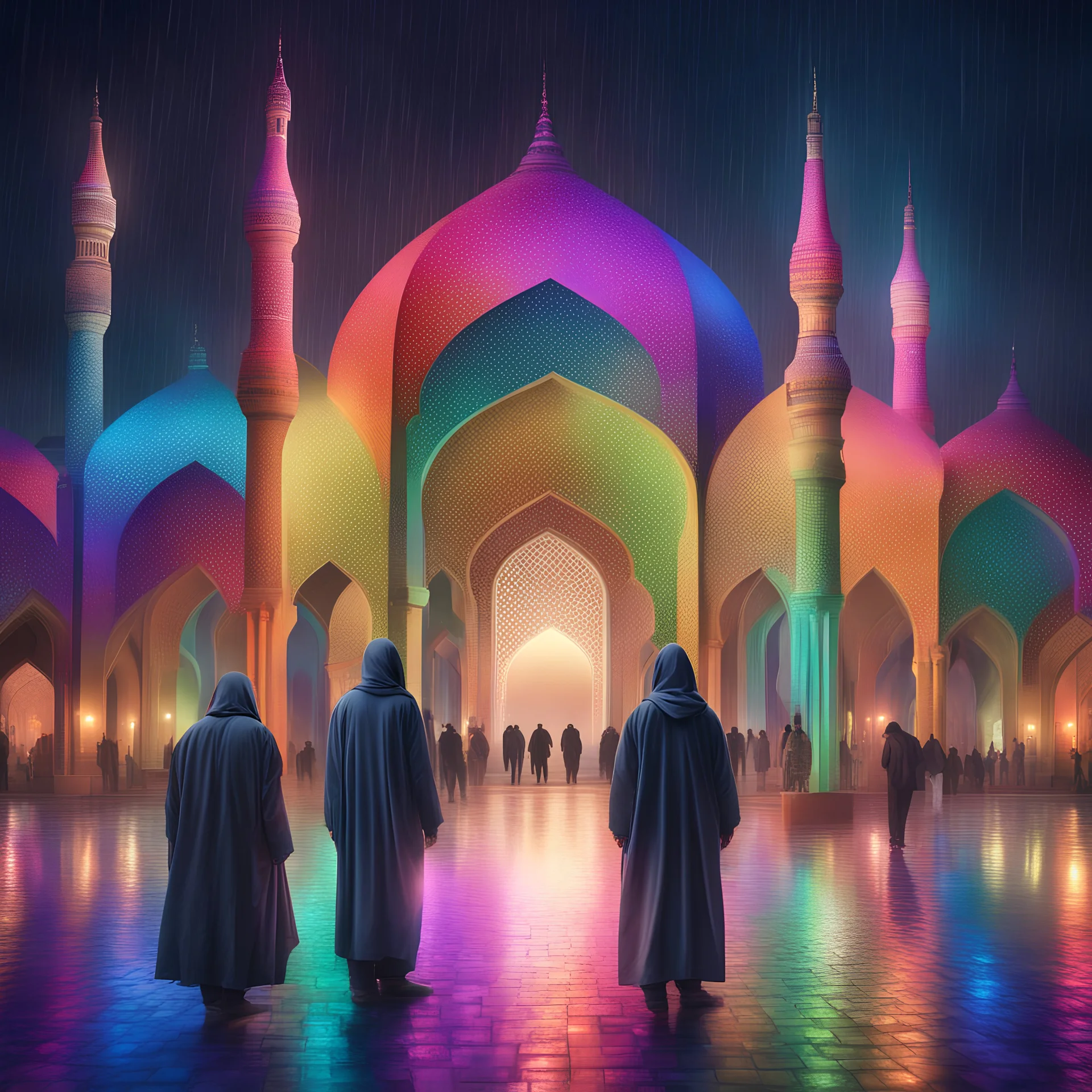 Hyper Realistic people in a rainbow textured Mosque at beautiful rainy night with decorative lights