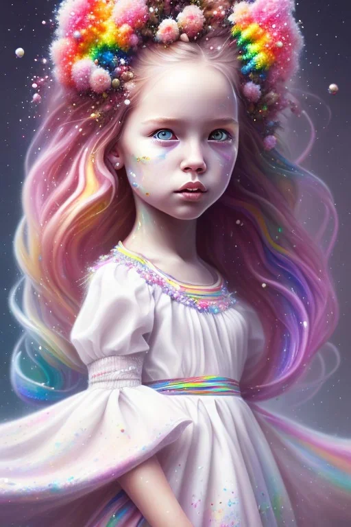 a little girl,brown eyes, pink hair, colorful, watercolor splash, white dress, rainbow flowers, in the style of Camilla d'Errico, hyper detailed, beautiful, complex, trending on artstation, cryengine, national geographic photo, chiaroscuro