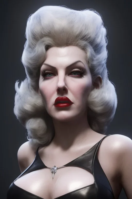 Lana Turner as evil queen in black leather, leather, busty, cleavage, angry, stern look. character design by cory loftis, fenghua zhong, ryohei hase, ismail inceoglu and ruan jia. unreal engine 5, artistic lighting, highly detailed, photorealistic, fantasy