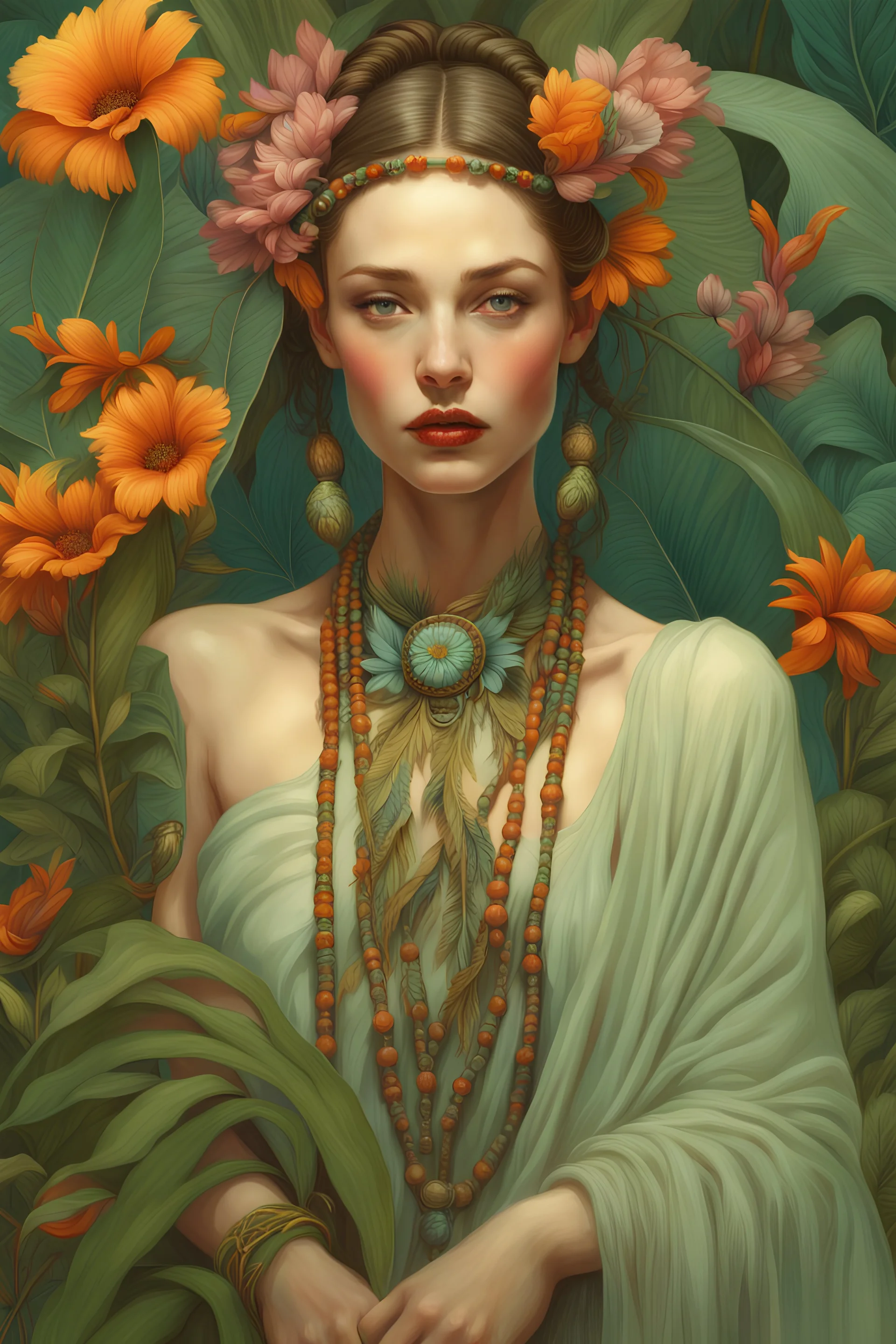 "beautiful woman wearing fantastic hand-dyed cotton clothes, embellished beaded feather decorative fringe knots, colorful pigtail , subtropical flowers and plants, symmetrical face, intricate, elegant, highly detailed, 8k, digital painting,trending on pinterest, harper’s bazaar, concept, art, sharp focus, illustration, Tom Bagshaw, Lawrence Alma-Tadema, Alphonse Mucha"