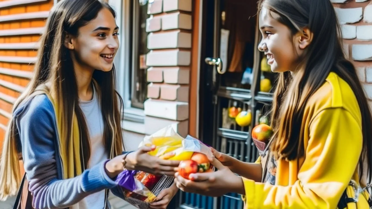 strung out girl receiving cash for her groceries to woman at house