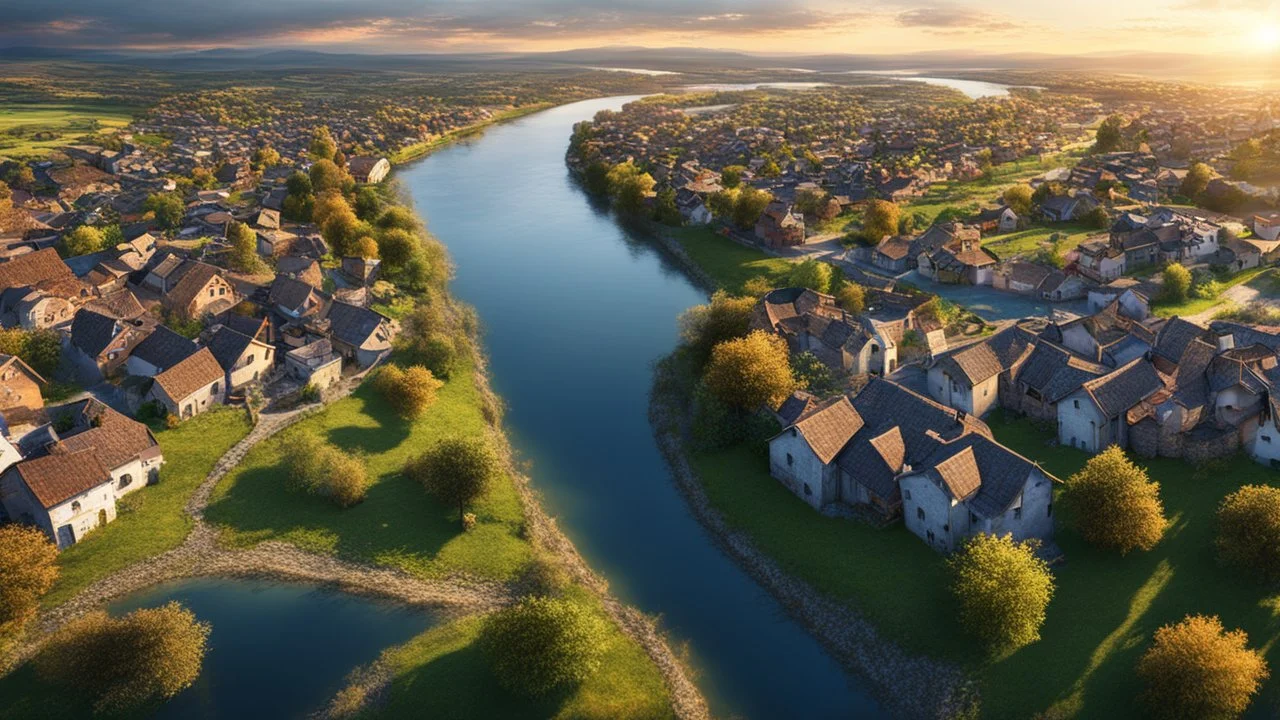 bird's eye view of the village, sunset, river, high detail. 3d, 64k, high resolution, computer graphics, hyperrealism, f/16, 1/300 sec.