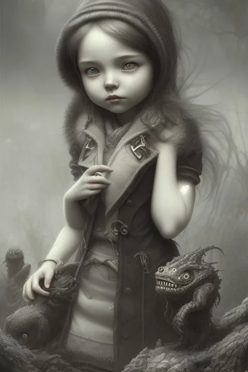 cute girl and litlle monster,Style John Kenn Mortensen,