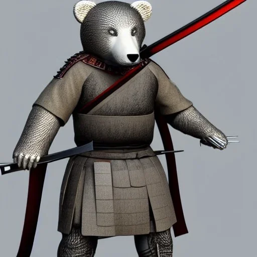 Un ours blanc, anthropomorphique, habillé comme un samurai, portant un katana très detaillé, réaliste, très détaillé, représentation 3d, un maximum de détail