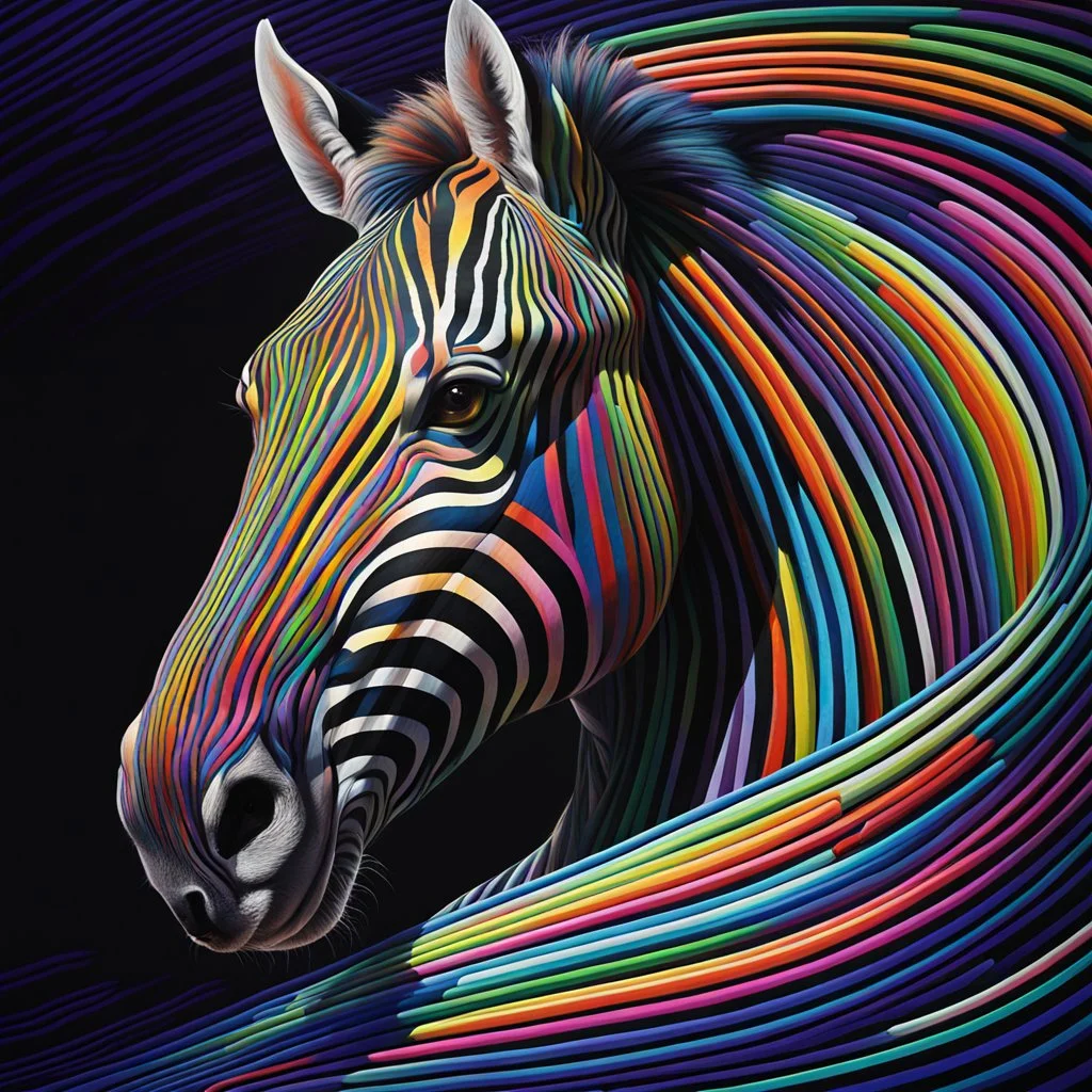 striking conceptual Op Art masterpiece by Heimo Zobernig, featuring intricate manipulation of vivid colorful stroke width and spacing to create a mesmerizing optical illusion of distorted vertical stripes. These stripes evoke a sense of depth and volume, serving as a captivating backdrop for the enigmatic, dark-fantasy inspired colorful zebra's head. The zebra head is rendered with a compelling blend of 3D rendering, photorealism, and painterly technique, exuding an air of