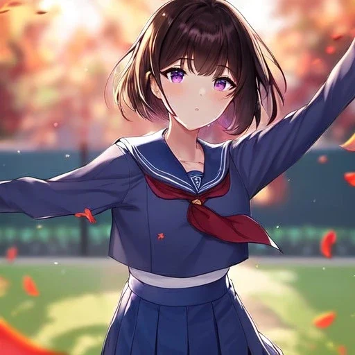 Clear focus,High resolution, one girls, Short brown hair, Purple eyes, Wearing a sailor uniform dancing with blurry sakura leafs falling down