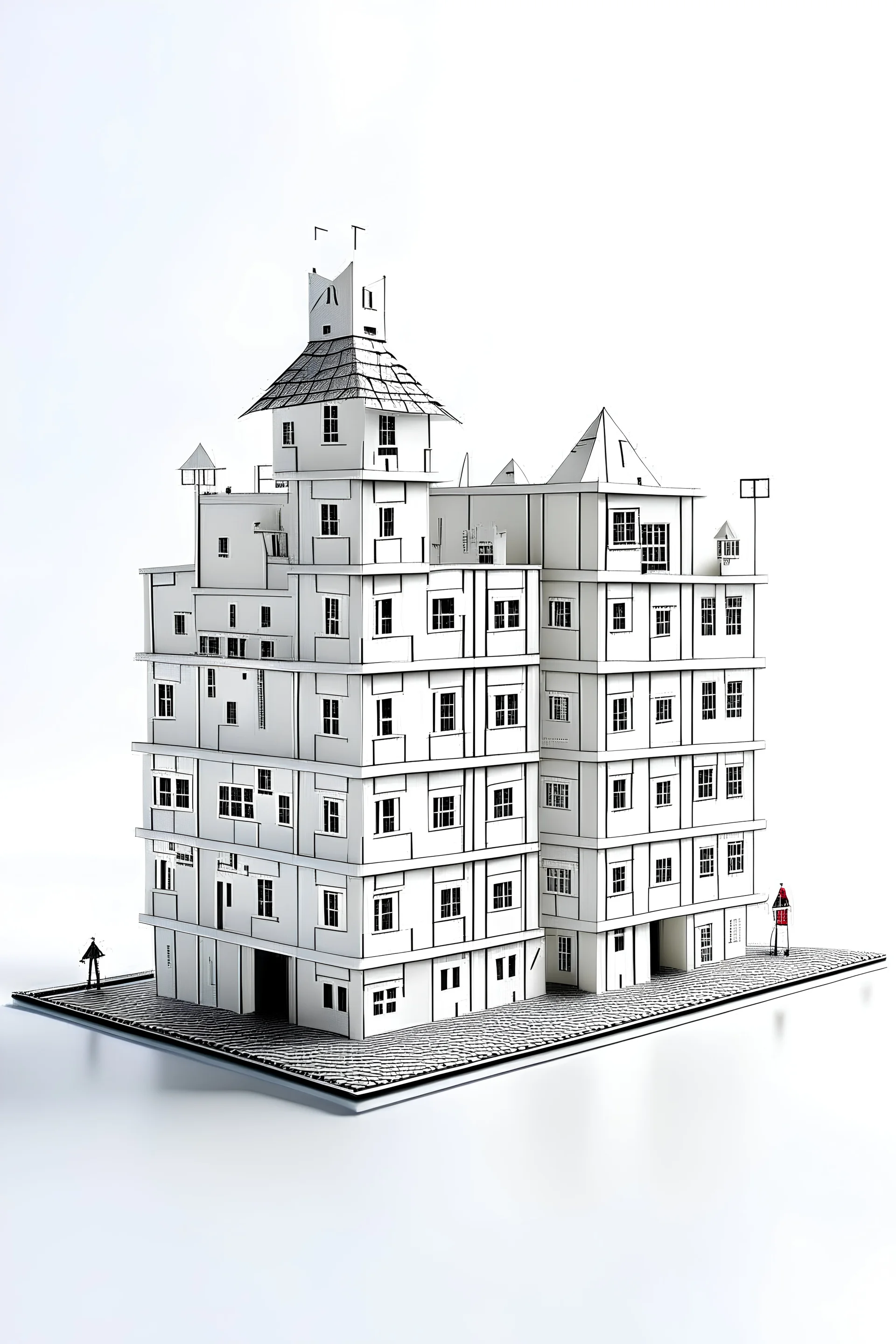 3-D picture of a 'house of cards' with a white background viewed from distance