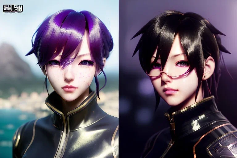 Detailed anime guy ,red hair buns, purple bangs, black latex suimsuit, intricate details, full body portrait, keep head in frame, slight smile, black Japanese motif, concept art, highly detailed, digital painting, concept art, sharp focus, illustration, art by Yoji Shinkawa, WLOP and greg rutkowski and alphonse mucha and artgerm and yanjun Chen and Junji ito and Makoto Shinkai, HDR, octane render