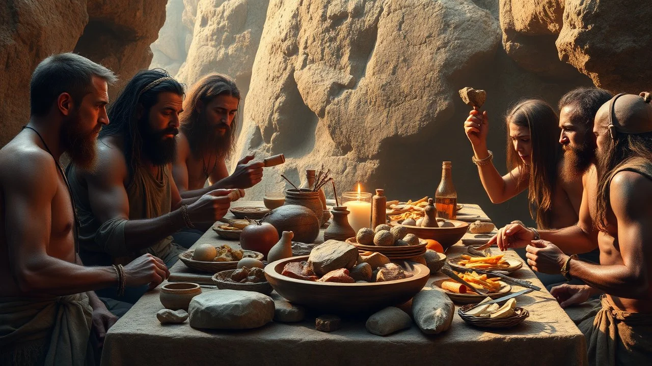 A stone-age feast, Paleolithic banquet, stone utensils, Neanderthal men and women, award-winning photograph, exquisite detail and realism