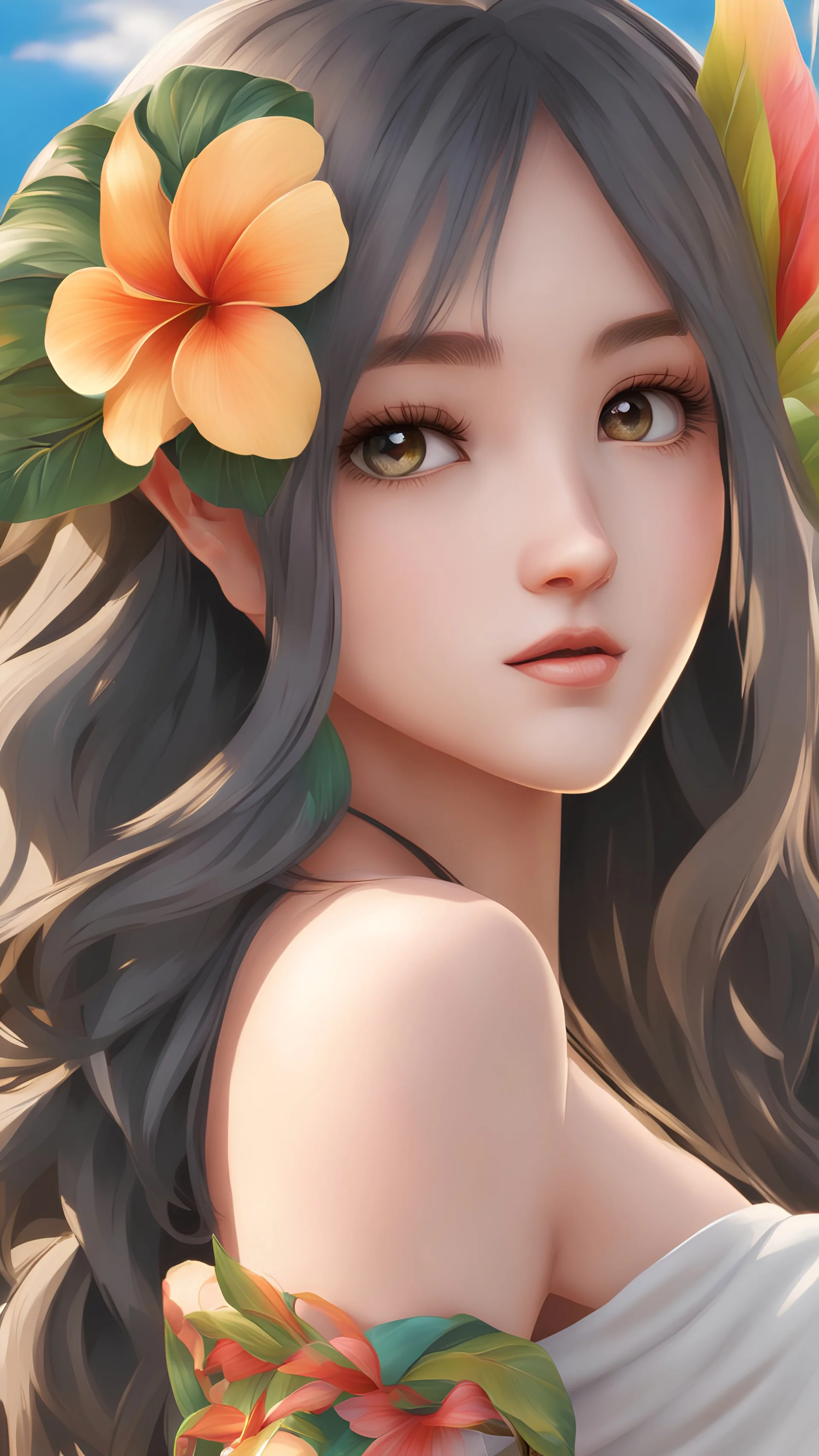 A very close picture to face girl with Hawaii color, 3d realistic anime style, high realistic, ultra detailed, ultra quality, intricate details, highly detailed