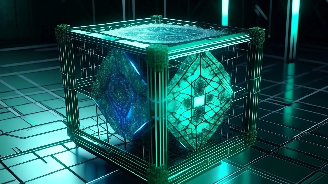 Cube tesseract from movie Loki. Tesseract size third part of image size. Located strictly in the middle of picture with space around it and with navy blue/green glow inside tesseract. Without surface/table on which it stay.