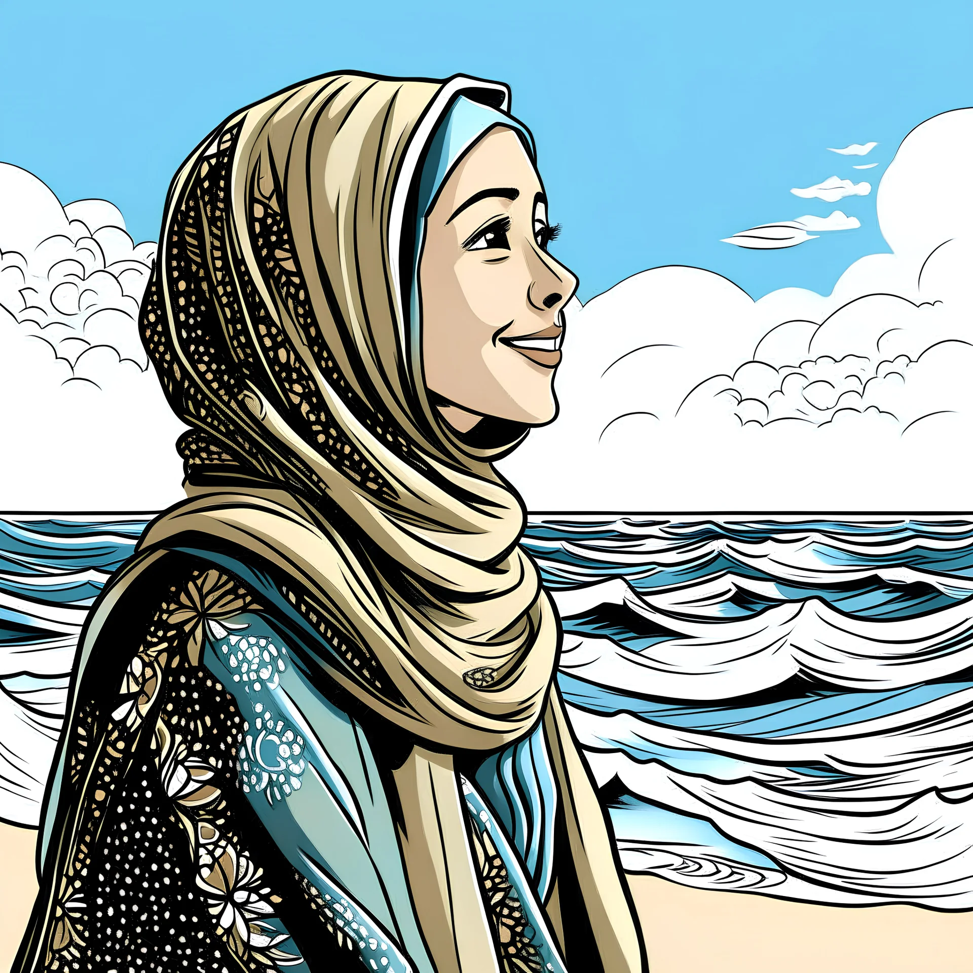 A cartoon picture of a thirty-year-old girl wearing a bambi hijab and abaya, looking at the seashore and the sky with a smile and hope.