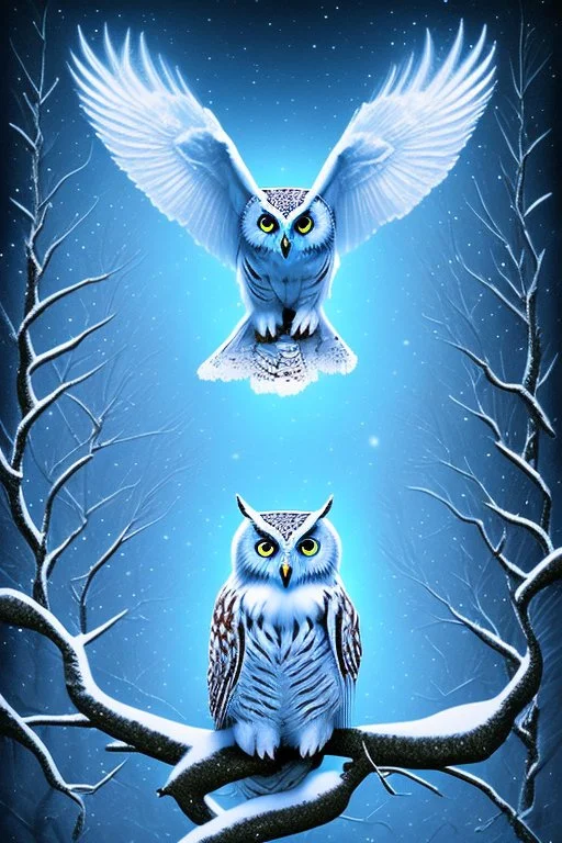 Beautiful snow owl in a magical forest with magical cosmic sky.