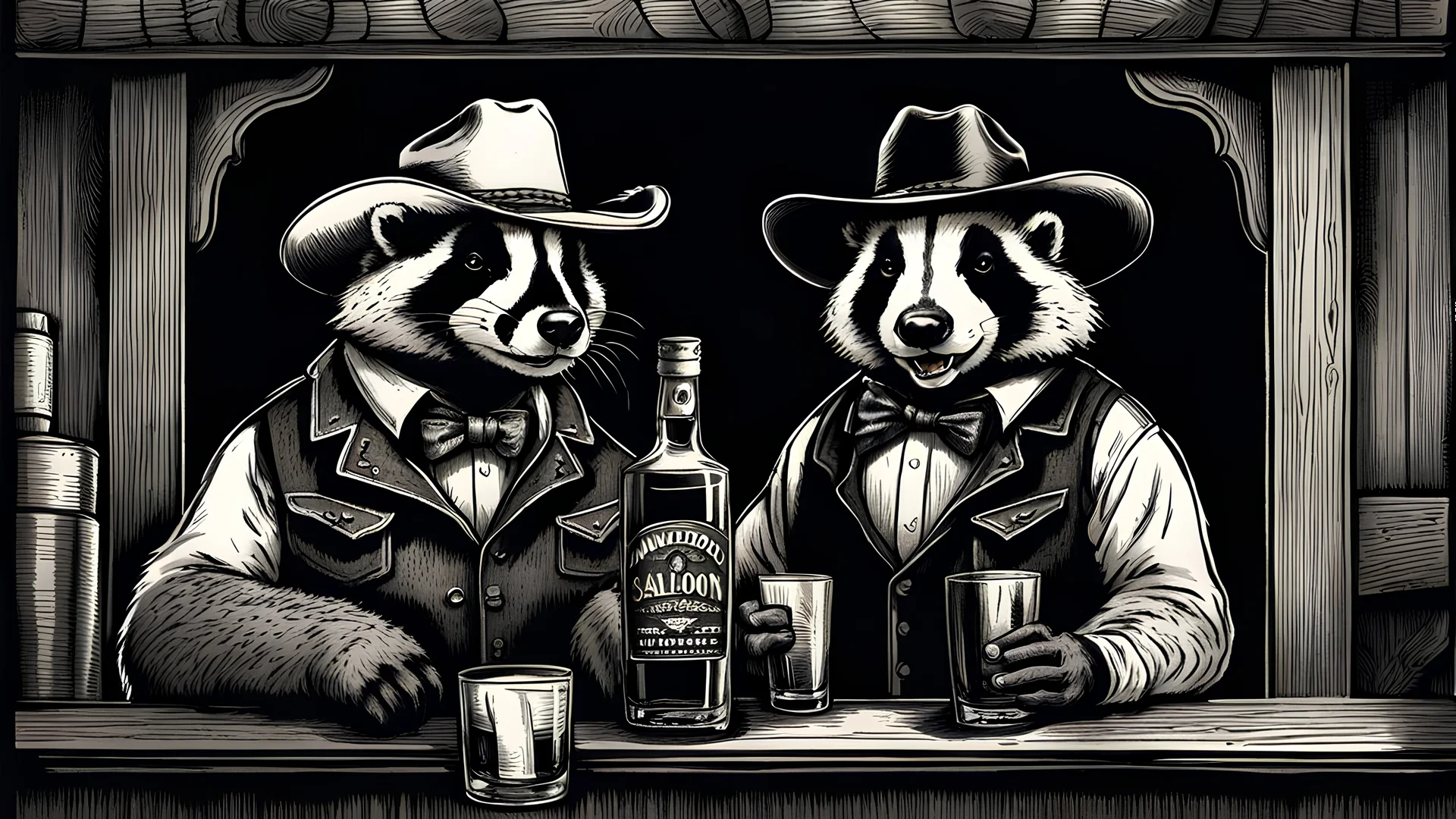 Anthropomorphic American badger wearing a cowboy hat and having a whiskey at the saloon with his other anthropomorphic animal buddies. Etching.