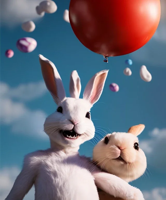 Ultra realistic speed clouds sky scene, wide angle view, childs falling down with many Childs background, rabbit head, inflatable monsters, circus dress style, feather color, free jumping flying, many trinkets, hair monster, many jelly beans, balls, color smoke, smile, happy, extreme, wind, clouds sea, 20,000 feet altitude, stratosphere, soft color, highly detailed, unreal engine 5, ray tracing, RTX, lumen lighting, ultra detail, volumetric lighting, 3d, finely drawn, high definition.