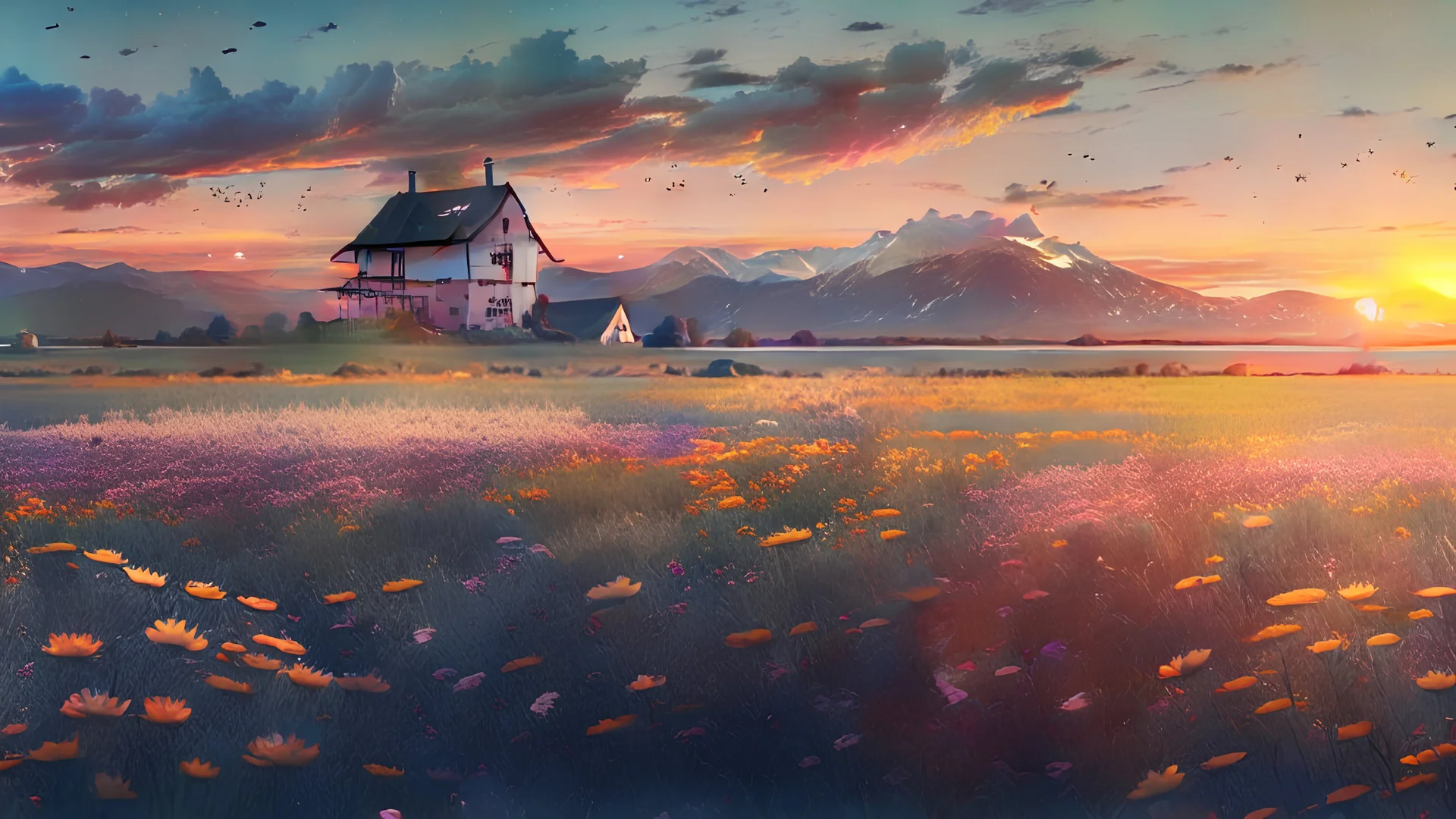 A field dotted with flowers, a sunset, somewhere in the distance you can see a mountain, a house stands in the middle of the field.