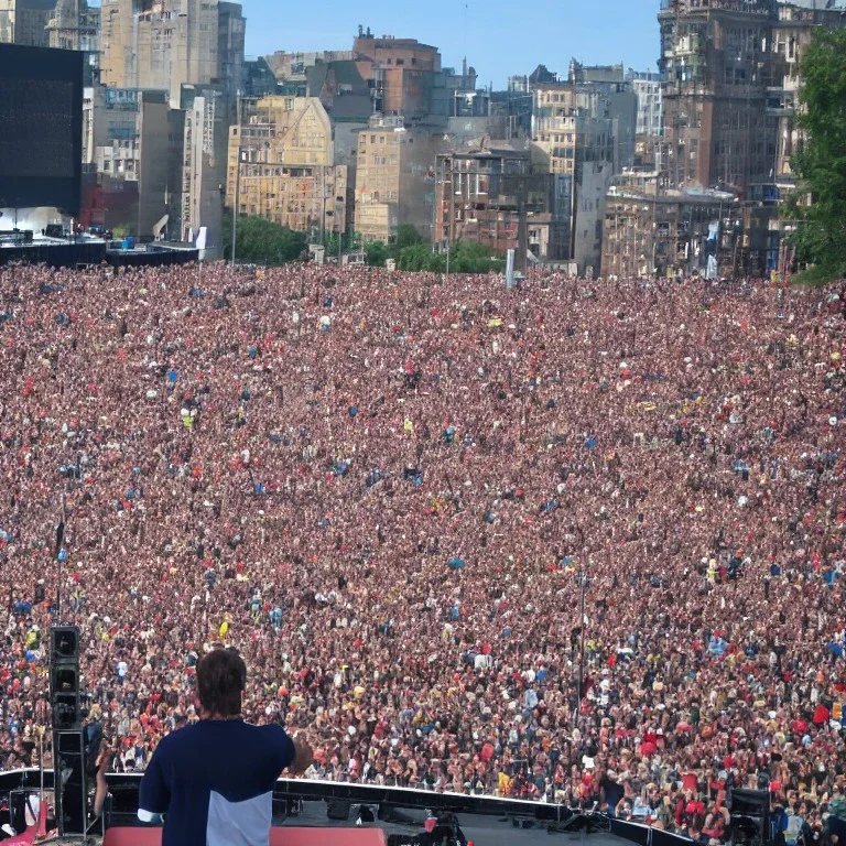 one man on stage in front of massive crowd