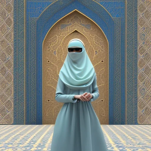 woman in flowing, white burka walking in front of a mosque with blue, green, gold mosaic walls, profile, wide-angle lens, panoramic, high-quality, fine-detail, intricate, ornate, volumetric lighting, 8k resolution, haunting, powerful, photo-realistic, 3d render, photo-quality, high-quality