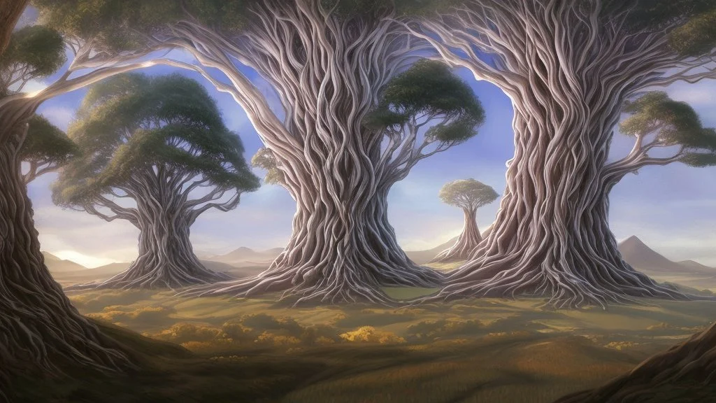Valinor, tolkien, two giant trees, one giant golden tree, one giant silver tree, surrounded by a giant white castle.