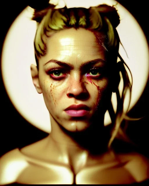 portrait, Shakira, blonde artist, angry, Realistic image, MMA robe, hoodie, mma gloves, band aid, loose long hair, eyes make up, face thunder gold make up, circle iris. moisture sweat, fog, Neon colors, leds. Dark background, photo studio, concept art, smooth, unreal engine 5, god lights, ray tracing, RTX, lumen lighting, ultra detail, volumetric lighting, 3d, finely drawn, high definition, 4k.