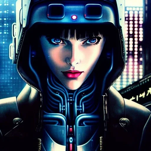 fullbody portrait in oil on canvas ,beautiful female robot, ominous, intense stare, sad eyes, post-apocalyptic in a cyberpunk city, akira bike, ghost in the shell, BladeRunner movie poster, masterpiece, realistic, intricate detail, sci-fi fantasy style, volumetric lighting, particles, highly detailed ,cinamatic , deep colours,8k, by Caravaggio