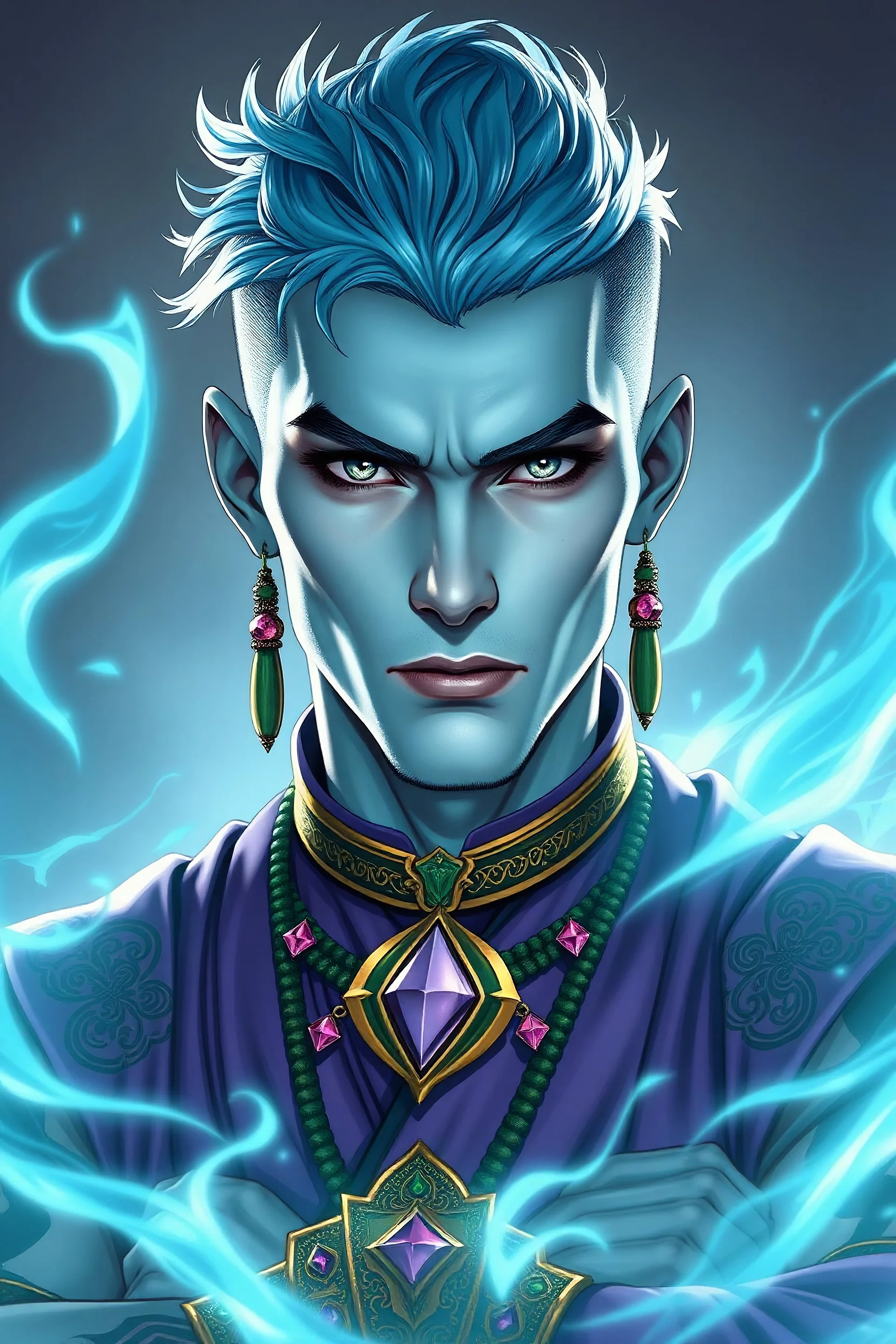 Adult light blue skinned male air genasi monk from dungeons and dragons, sky blue medium hair undercut, wind like elemental aura, mid 30's, muscular with elegant heavily embellished purple monk apparel, thin green metal religious necklace and heavy bracelets with pink diamonds and light blue jade stones, round grey blue eyes, human with godlike features, comic book style, wind like hair see through, full body baby blue skin, bright colored religious tattoos, powering up wind attack.