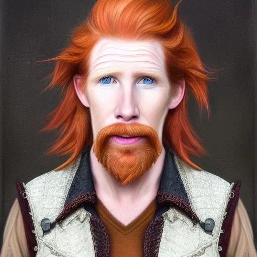 Portrait of Courtney Gains as a ruggedly handsome but joyful roguish pirate, charismatic, attractive male, masculine, perfect, precisely detailed, lightly freckled face, meticulously detailed multi-hued ginger carrot colored cherry fire red hair; Malachai of the corn; fantasy, intricate, elegant, highly detailed, digital painting, artstation, concept art, matte, sharp focus, illustration, art by artgerm and greg rutkowski and alphonse mucha