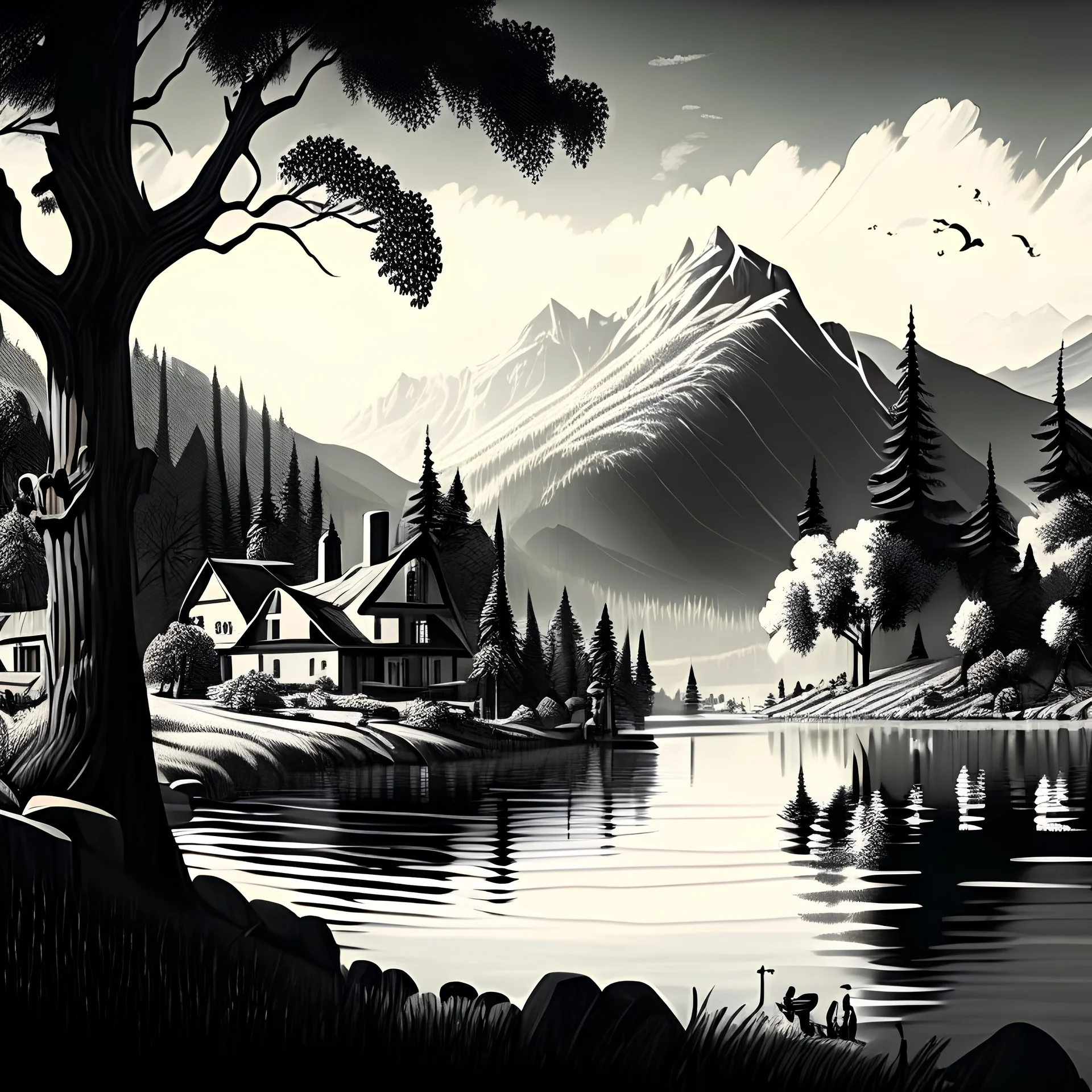 Beautiful village, mountains, trees, lake, illustration, black and white. Hd.